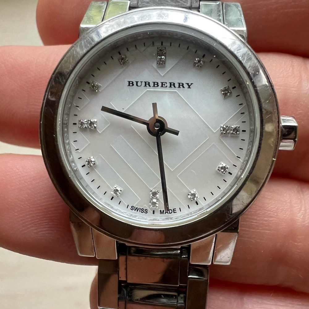 Burberry Silver Timepiece with Mother of Pearl Face and diamond indices